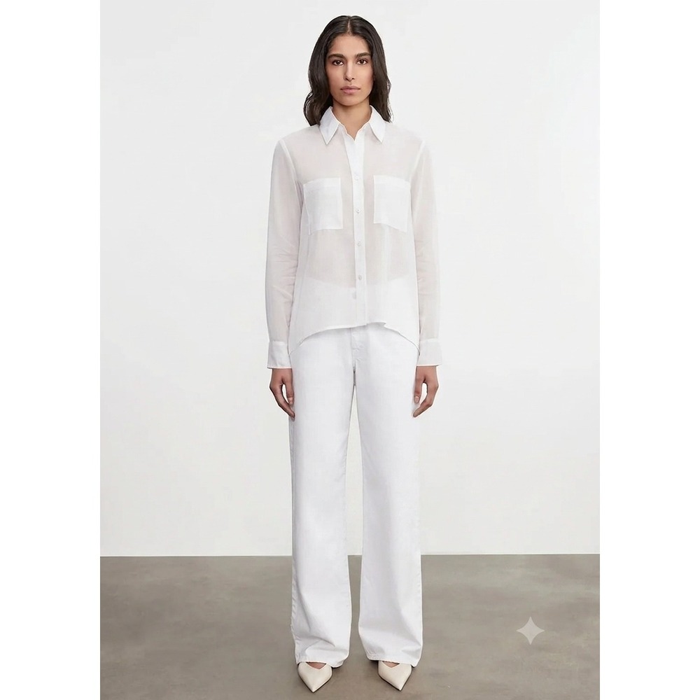 ENZA COSTA Cotton Organza Fitted Shirt Women Medium White Sheer Cotton Button Up